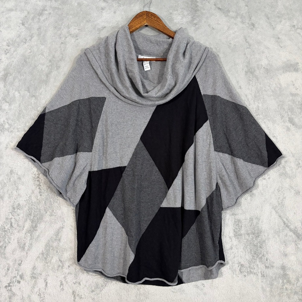 Style & Co Poncho Sweater Sz M Gray Black Geometric Cowl Neck Dolman Art Deco